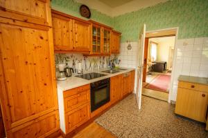 a kitchen with wooden cabinets and a sink at Winzerhaus am Eichberg in Leutschach
