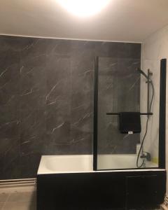 a bathroom with a shower and a black wall at Chez Nath House in Sedan +6 photos