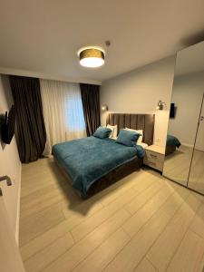 a bedroom with a large bed and a mirror at Ran Garden Aparts in Popeşti-Leordeni