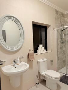 a bathroom with a toilet and a sink and a mirror at Room in sliema's heart in Il-Gżira