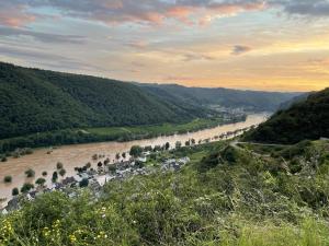 a view of a river with trees in a valley at Weinbergs Loge in Ernst