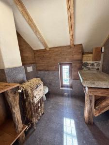a room with a bathroom with a toilet and wooden walls at Baita dal Bigolaro in Vetriola