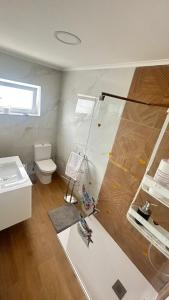 a bathroom with a shower and a toilet and a sink at Alojamento Numara in Setúbal