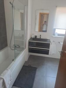 a bathroom with a sink and a shower and a mirror at Cantinho do Ribeiro in Lourosa da Trapa +39 photos