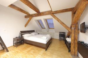 a bedroom with a bed and a desk and a tv at AMS Rooms in Ljubljana