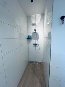 a bathroom with a shower with a glass door at Ons huisje in Schoot in Budel-Schoot
