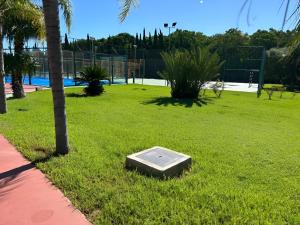 a metal box sitting in the grass near a palm tree at Cambrils Paradise in Cambrils