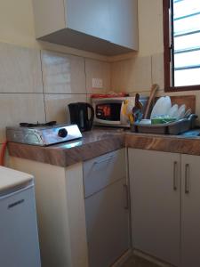 a kitchen with a counter top with a sink and a microwave at Kamsons in Mombasa