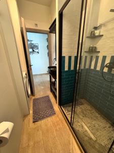 a bathroom with a shower and a glass door at Pythagorion Harbour Residence in Pythagoreio +19 photos
