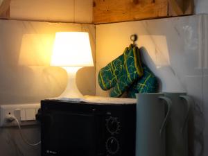 a lamp sitting on top of a dresser in a room at Kuhama Private Mountain Chalet Naggar in Nagar +30 photos