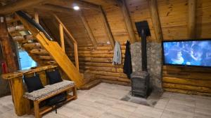 a living room with a stove and a tv in a log cabin at Cabañas de montaña Triskel in Aluminé