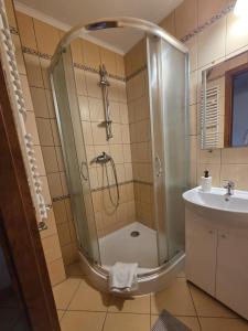 a bathroom with a shower and a sink at Apartamenty Cafe Wielbark in Wielbark +39 photos