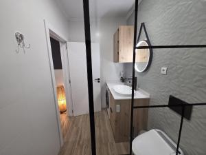 a bathroom with a toilet and a sink and a mirror at Apartment Studio Espiche near Praia da Luz in Luz +11 photos