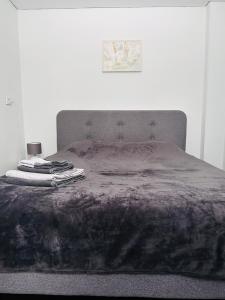 a bed with a blanket and a lamp on it at Книжка in Vinnytsya +8 photos