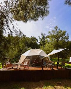 a tent with chairs and a picnic table and a table and chairs at Rida Sultan Konağı Kozbeyli in Eskiömerler