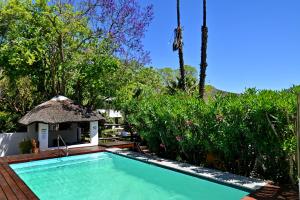 a swimming pool in front of a garden with trees at Mimosa Lodge in Montagu