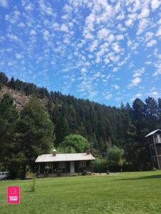 a house in a field with a mountain in the background at Complejo 1919 in El Bolsón
