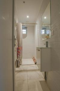 a small bathroom with a shower and a sink at La lukas in Mussy-sur-Seine