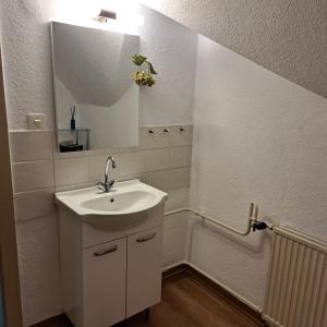 a white bathroom with a sink and a mirror at Ferienhaus Luise in Sebnitz