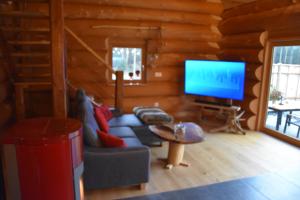 a living room with a couch and a tv in a log cabin at Chalet Enzian Bayerwald in Arnbruck