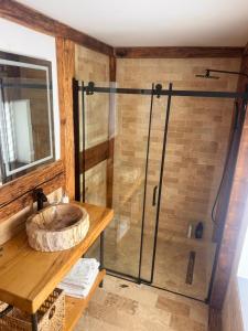 a bathroom with a sink and a shower at Wildglowlodge in Petroşani +63 photos