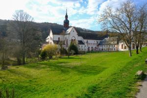 a large white building with a tower on top of a green field at Hotel Kloster Eberbach in Eltville