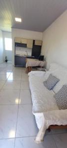 a large room with two beds and a kitchen at Pousada Germânia em Paraíso do Sul RS in Paraíso do Sul