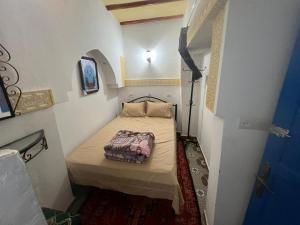 a small bedroom with a bed in a small room at Riad Ingbiwn N'Tiznit in Tiznit