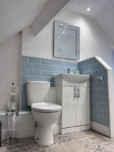 a bathroom with a toilet and a sink and a mirror at Foretop Cottage, Staithes in Staithes +6 photos