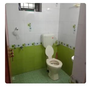 a green and white bathroom with a toilet and a sink at Dream Home in Irimbranallūr