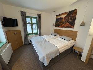 a bedroom with a bed and a television in it at Pension Jitřenka Hřensko in Hřensko