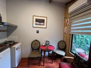 a kitchen with a table and chairs in a kitchen at Hospedaje El Roble, Puerto Varas in Puerto Varas
