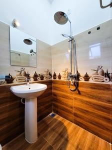 a bathroom with a sink and a shower at Cloud View Family Villa in Kandy