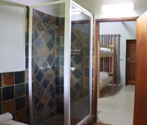 a shower with a glass door in a room at Silverlakes Farm Hotel in Pretoria