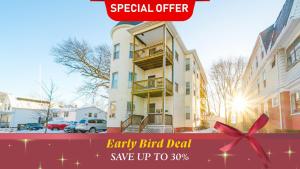 a building with a red bow in front of it at Cozy 3BR Worcester 1st-floor Apt, Pet-Friendly, Near Clark University, Free Parking 4-1 in Worcester
