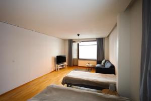 a room with two beds and a couch and a television at LibO-apartment, Rypys 74 X in Kuopio