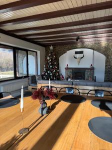 a living room with a christmas tree and a fireplace at Cabana Gala Doftanei in Trăisteni
