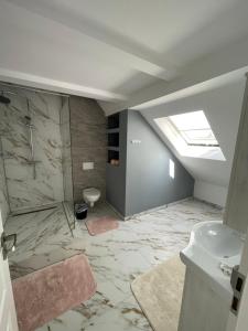 a bathroom with a shower and a sink at Căsuța din Vale in Voronet +43 photos