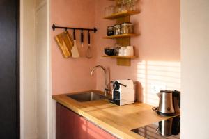a kitchen with a sink and a coffee maker on a counter at Weidesuite bij Leeuwarden. Natuur en 11stedenwater in Weidum