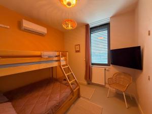 a room with a bunk bed and a tv and a ladder at Les Terrasses du Rhône, Baix in Baix