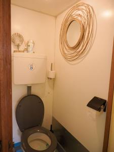 a small bathroom with a toilet and a mirror at FLOW in Amsterdam