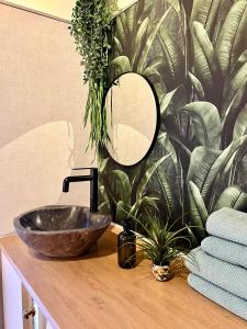 a bathroom with a sink and a mirror on a counter at Barrierefreies Ferienhaus mit Garten bei Köln in Hürth +33 photos