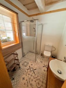 a bathroom with a shower and a toilet and a sink at Roubenka in Terchová
