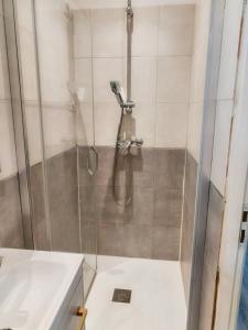 a shower with a glass door next to a sink at Sibiti, charmant 2 pièces à 20 minutes de Paris in Le Blanc-Mesnil