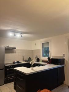 a kitchen with a black and white counter top at Le Cocon Nîmois in Nîmes