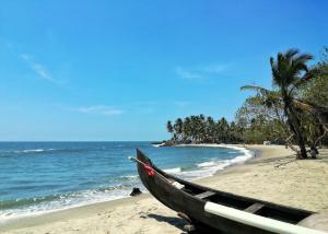 a boat sitting on a beach next to the ocean at Olive Homestay in Cochin