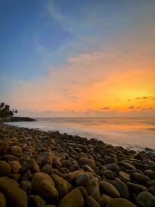 a rocky beach with a sunset in the background at Olive Homestay in Cochin +7 photos