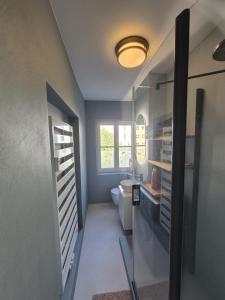 a bathroom with a toilet and a glass door at FeWo Altstadt in Stralsund