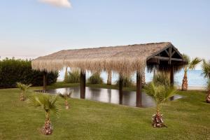 a grass roofed pavilion with palm trees and the water at Concorde Luxury Resort & Casino in Vokolidha +272 photos
