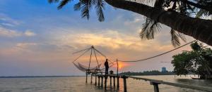 a man standing on a dock in the water at Olive Homestay in Cochin